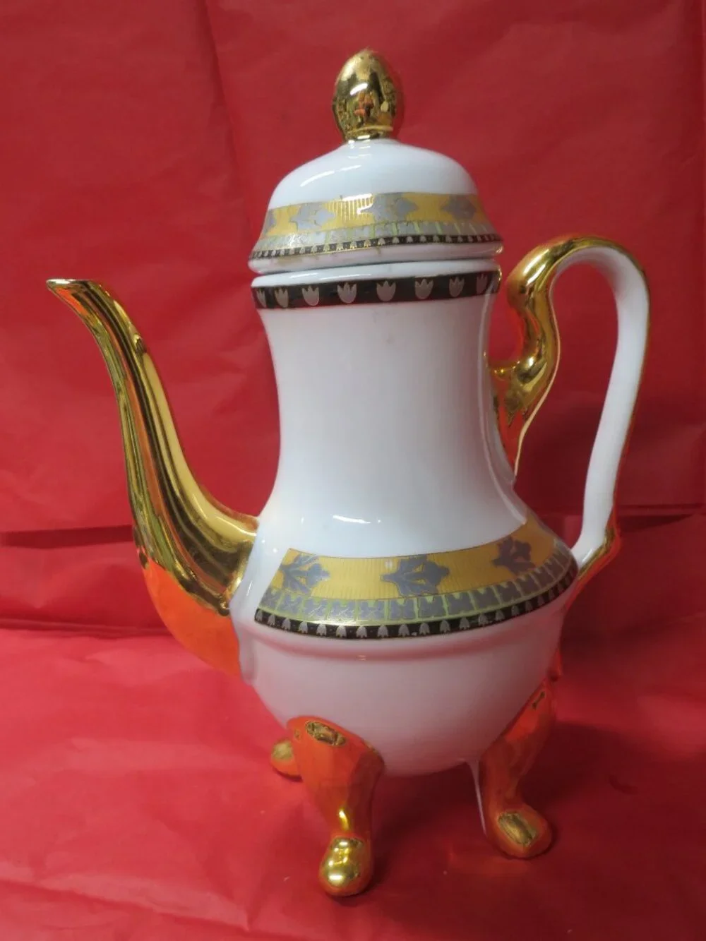 Vintage White and Gold Porcelain Coffee Pot with Decorative Tulip Floral Band